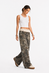 Women's Vintage High Waist Wash Camo Print Wide Leg Jeans