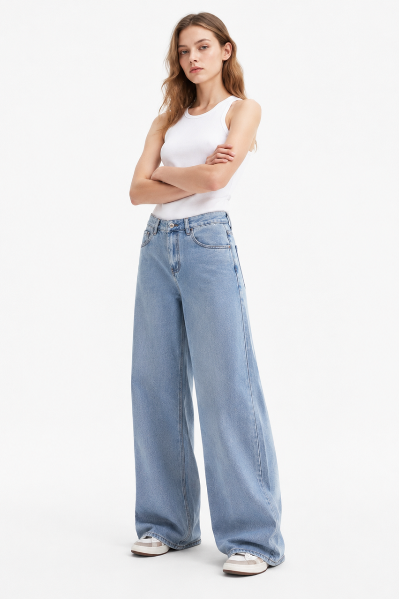 Women's 100% Cotton High Waist Wash Wide Leg Jeans