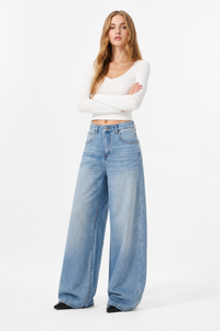 Women's 100% Cotton Mid Waist Wash Wide Leg Jeans