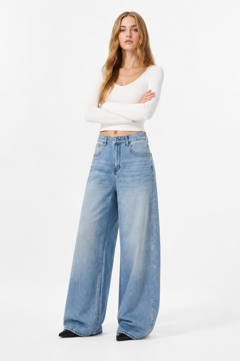 Women's 100% Cotton Mid Waist Wash Wide Leg Jeans