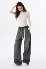 Women's Fall Drawstring Waist Side Pocket Wide Leg Jeans