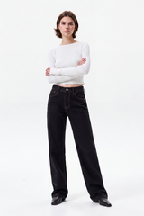 Women's High Waist Black Wash Straight Leg Jeans