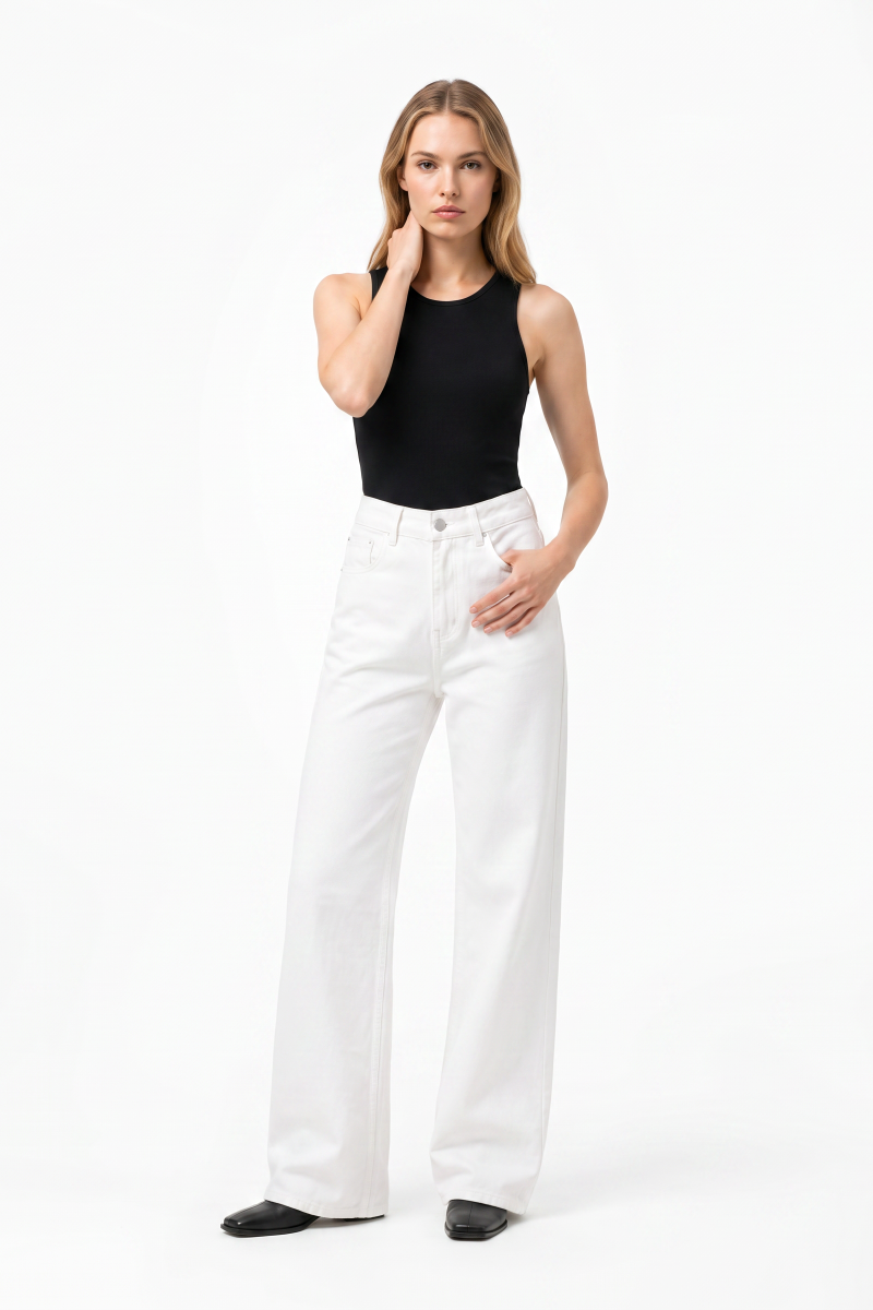 Women's Fall 100% Cotton Pure White Wide Leg Jeans