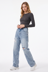 Women's Fall High Waist Ripped Straight Leg Jeans