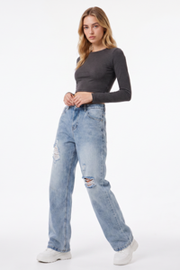 Women's Fall High Waist Ripped Straight Leg Jeans