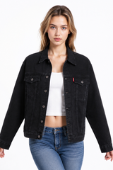 Women’s Black Button Front Chest Pocket Denim Jacket