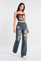 Women's High Waist Distressed Straight Leg Jeans