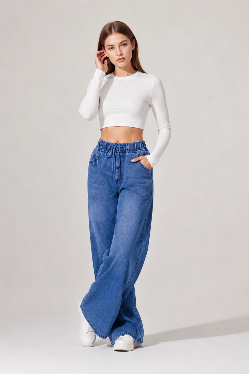 Women's Drawstring Waist Wide Leg Jeans