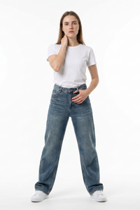 Women's 100% Cotton Dirty Washed Relaxed Straight Leg Jeans