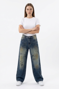 Women's Vintage Wash High Waist Straight Wide Leg Jeans