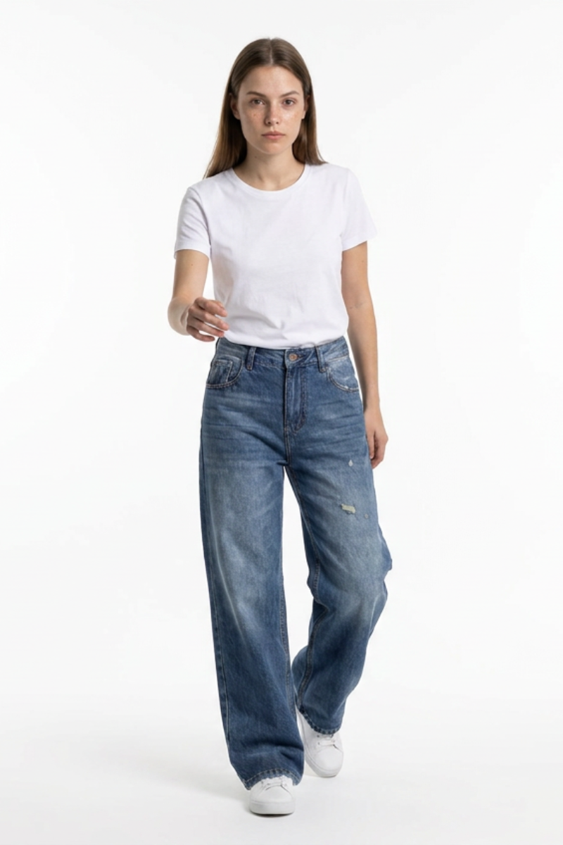 Women's 100% Cotton Distressed High Waist Wide Leg Jeans