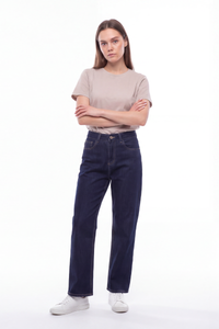 Women's Raw Denim Blue High Waist Straight Leg Jeans
