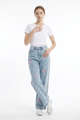 Women's High Waist Pink Bow Printed Wide Leg Jeans