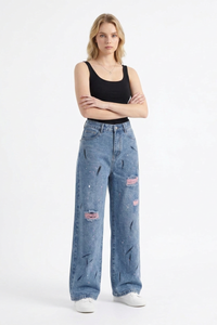 Women's High Waist Graffiti Ripped Wide Leg Jeans