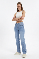 Women's Vintage Mid Waist Stretch Straight Leg Jeans