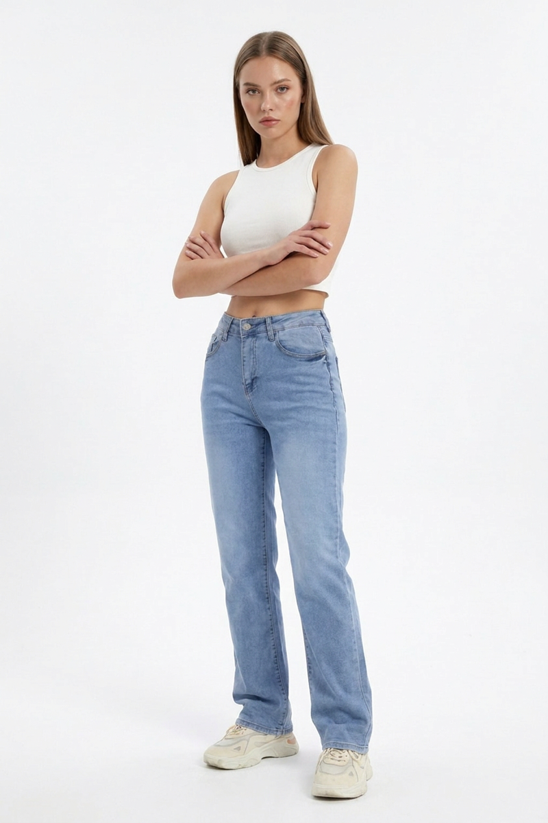 Women's Vintage Mid Waist Stretch Straight Leg Jeans
