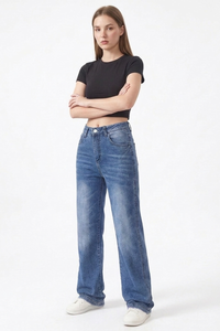 Women's Classic Blue Washed Mid Waist Straight Leg Jeans