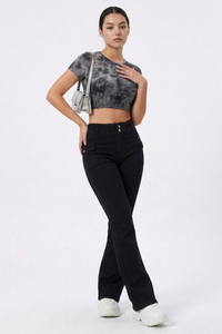 Women's Fall Black Mid Waist Slim Fit Stretch Flare Jeans
