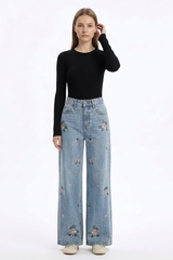 Women's Fall Vintage Embroidered Flowers Wide Leg Jeans
