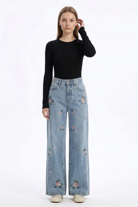 Women's Fall Vintage Embroidered Flowers Wide Leg Jeans