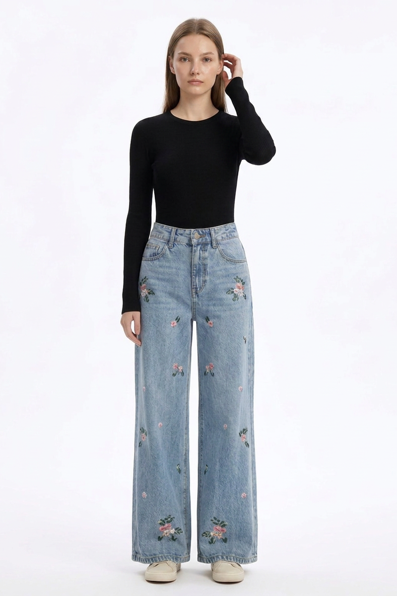 Women's Fall Vintage Embroidered Flowers Wide Leg Jeans