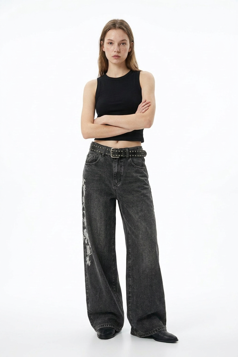 Women's Floral Embroidered Stretch Wide Leg Jeans