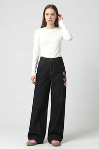 Women's Fall Side Floral Embroidered Wide Leg Jeans