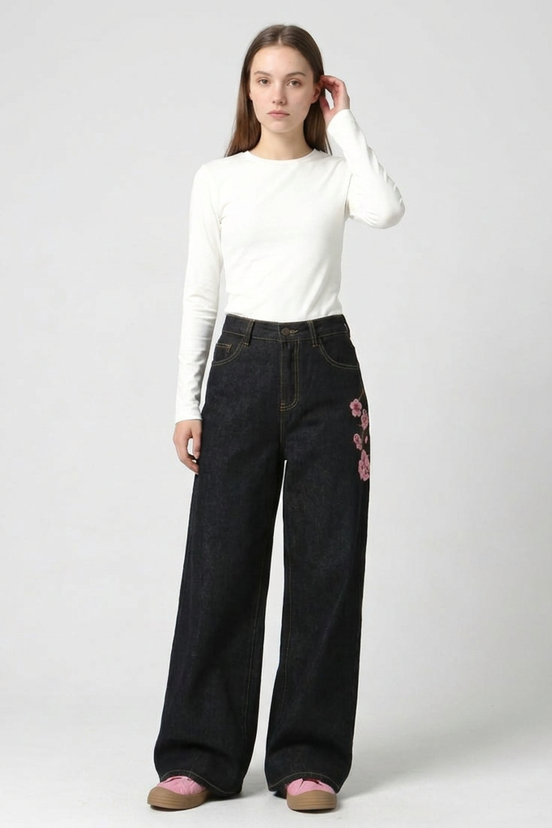 Women's Fall Side Floral Embroidered Wide Leg Jeans