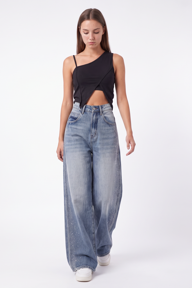 Women's Fall Side Hotfix Rhinestone Embellishment Jeans