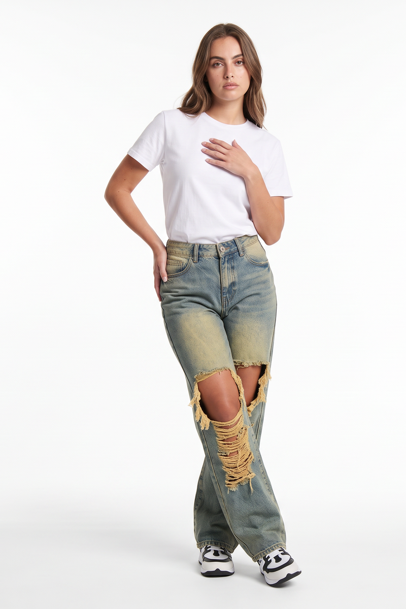 Women's Fall Distressed Ripped Knees & Frayed Wide Leg Jeans