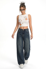 Women's Vintage Washed Mid Waist Loose Wide Leg Jeans