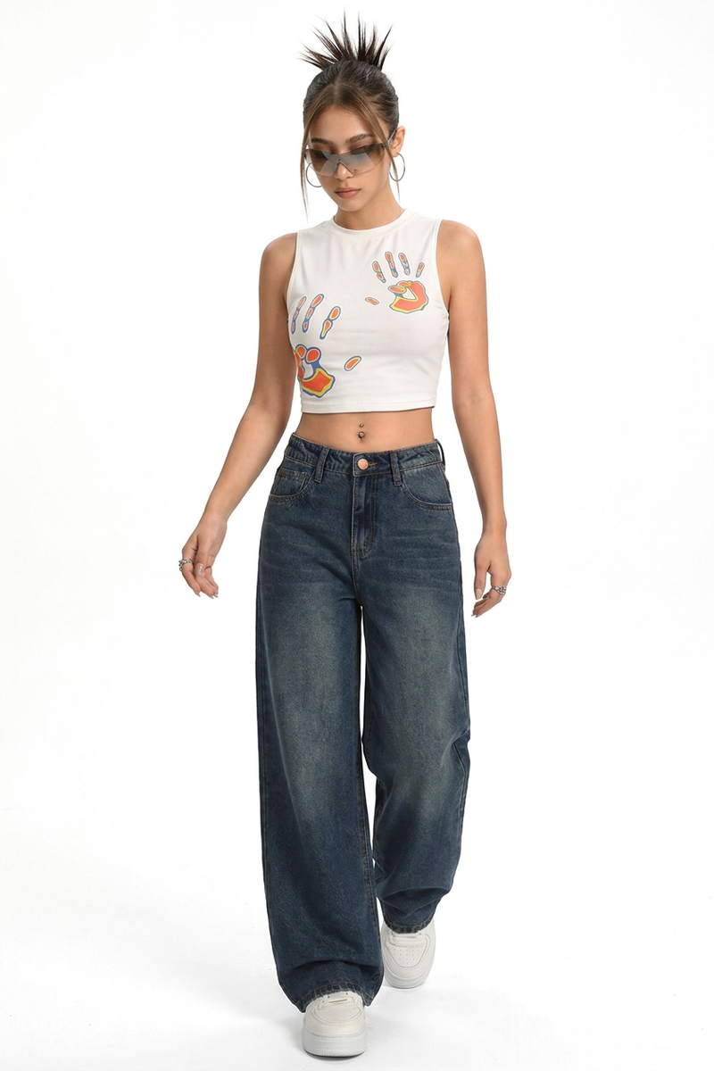Women's Vintage Washed Mid Waist Loose Wide Leg Jeans