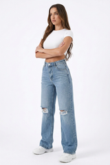 Women's High Waist Straight Leg Ripped Jeans