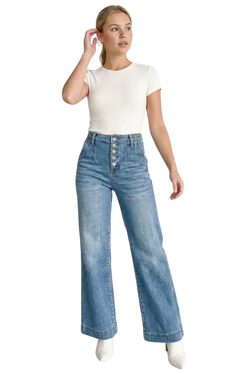 Women's High-Waisted Button-Fly Cuffed Wide-Leg Jeans