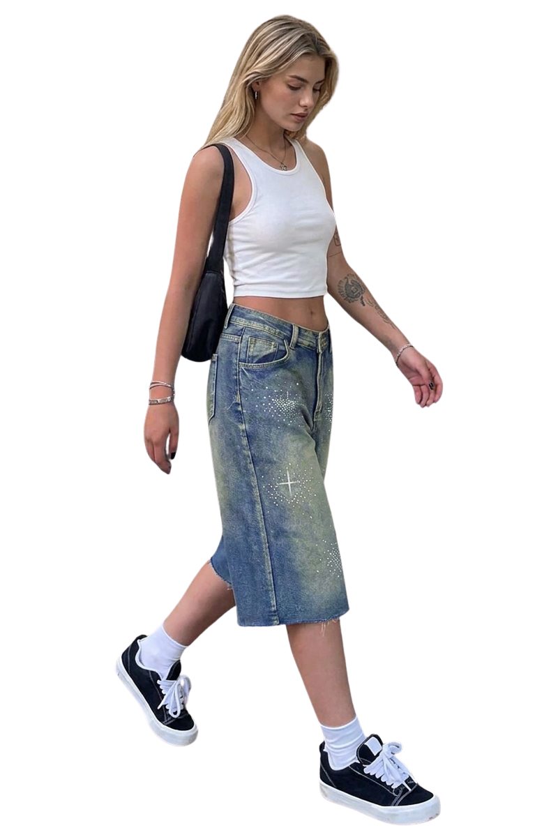 Women's Rhinestone High-Waisted Denim Bermuda Shorts