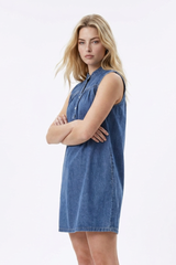 Women's Blue Half-Button Sleeveless Mini Denim Dress