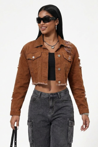 Women's Streetwear Distressed Raw Edge Cropped Denim Jacket