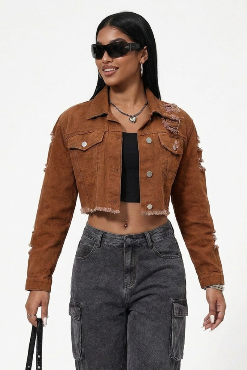 Women's Streetwear Distressed Raw Edge Cropped Denim Jacket