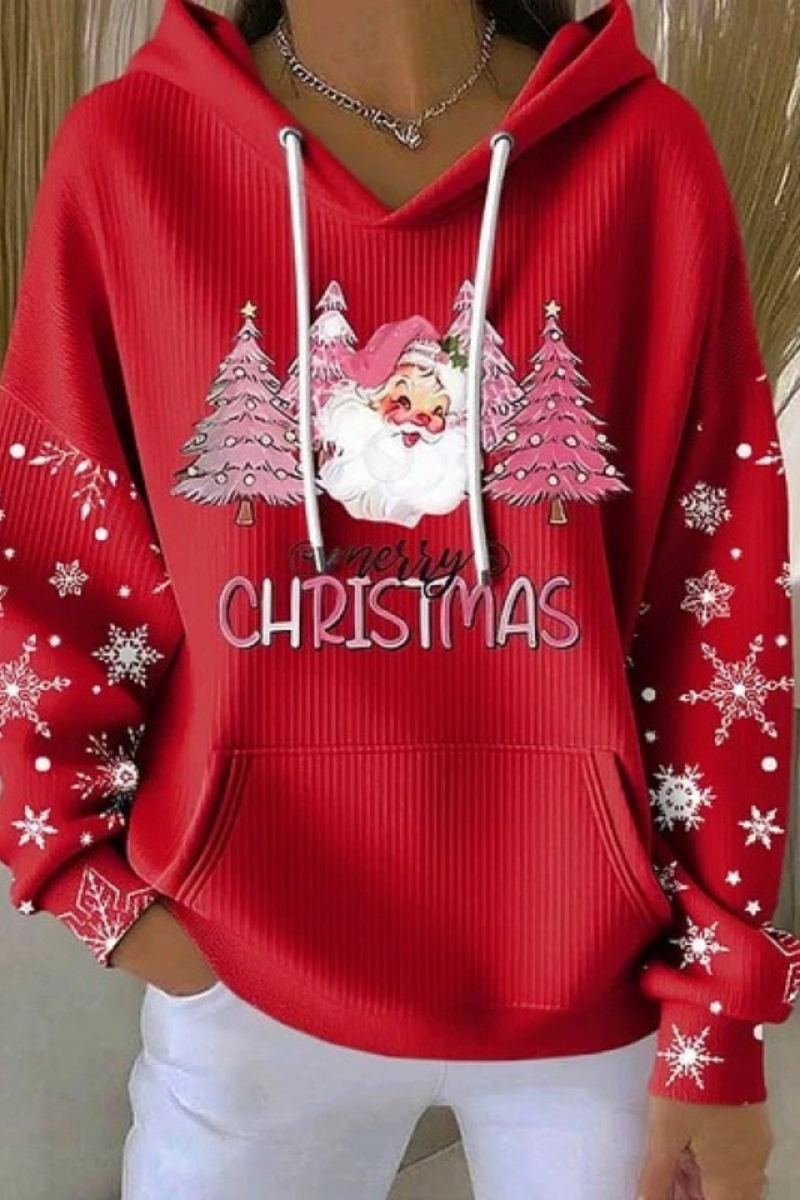 Women's Fall Christmas Print Ribbed Hoodie