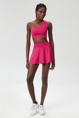 Women Wave Scoop-Neck Seamless Plus Size Tennis Set - Quick-Dry One-Shoulder Bra & Ruffle Hem Skirt
