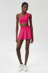 Women Wave Scoop-Neck Seamless Plus Size Tennis Set - Quick-Dry One-Shoulder Bra & Ruffle Hem Skirt