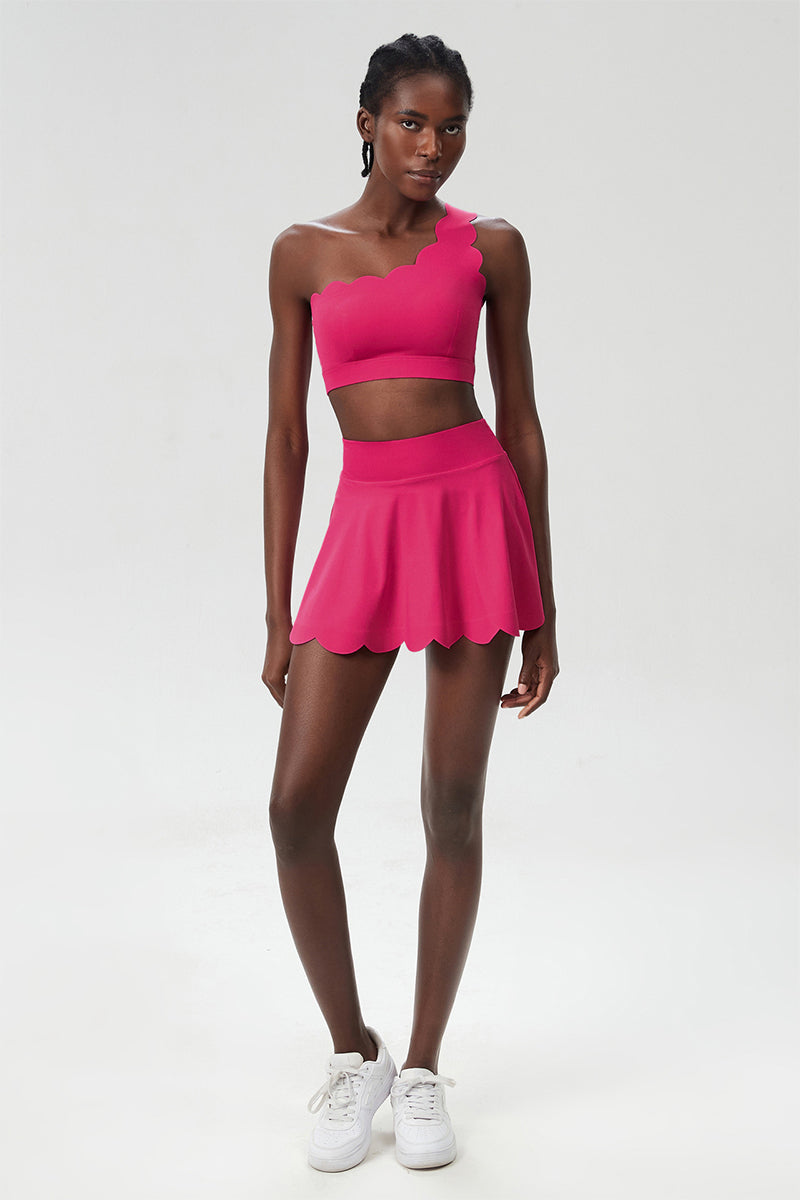 Women Wave Scoop-Neck Seamless Plus Size Tennis Set - Quick-Dry One-Shoulder Bra & Ruffle Hem Skirt