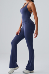 Women's Spaghetti Strap Sports Bra & Pocket Yoga Flare Pants Set