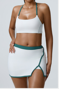 Women's Color-Block Sports Bra & Slit Mini Skirt Set