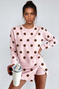 Women's Fall Polka Dot Crew Neck Pullover & Split Skort Set