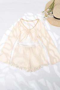 Women's Mesh Long Sleeve Cover-Up Tassel Shorts Bikini