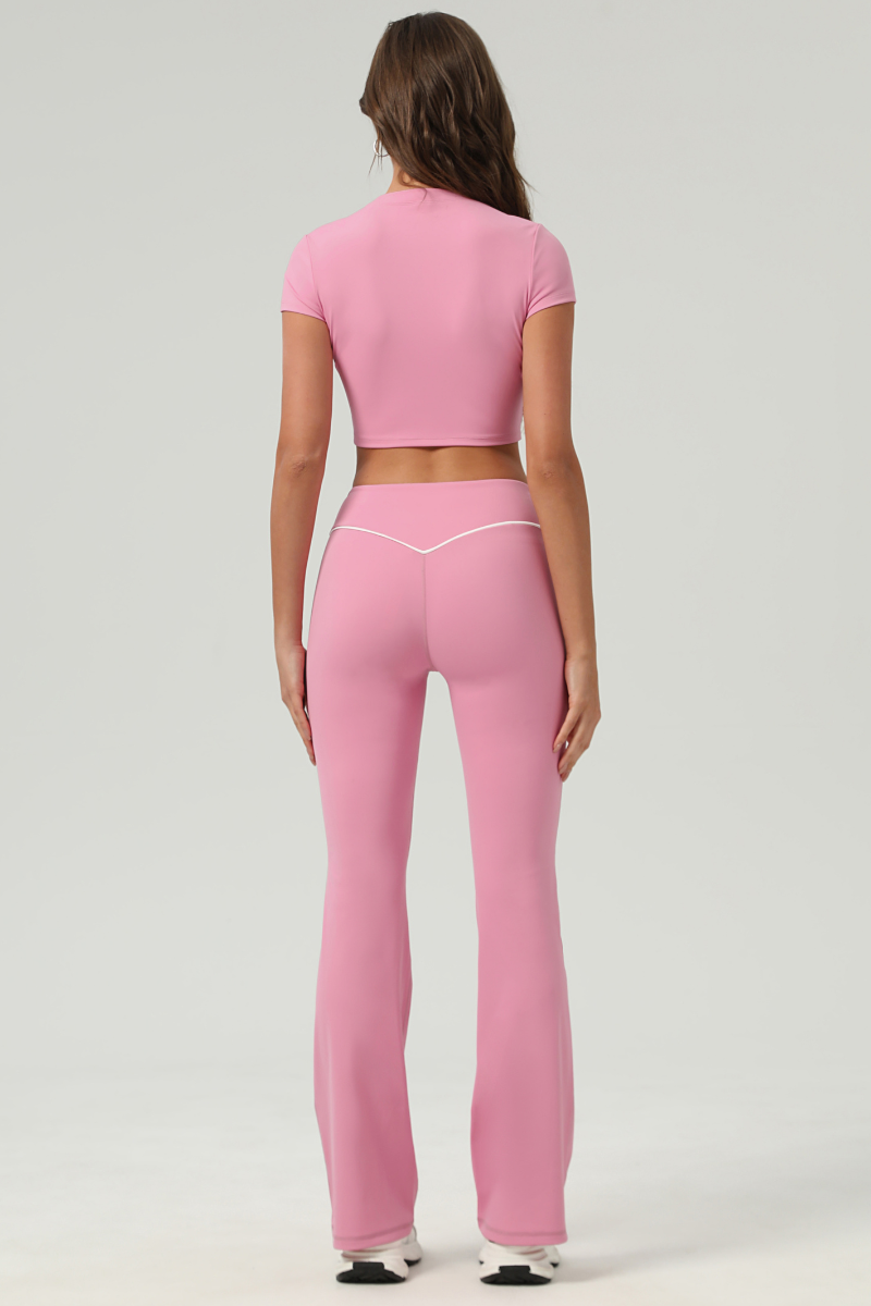 Women's Color‑Contrast Cropped T-shirt & Flared Pants Set