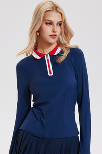 Women's Color-Block Polo Long-Sleeve Top