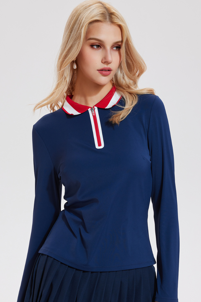 Women's Color-Block Polo Long-Sleeve Top