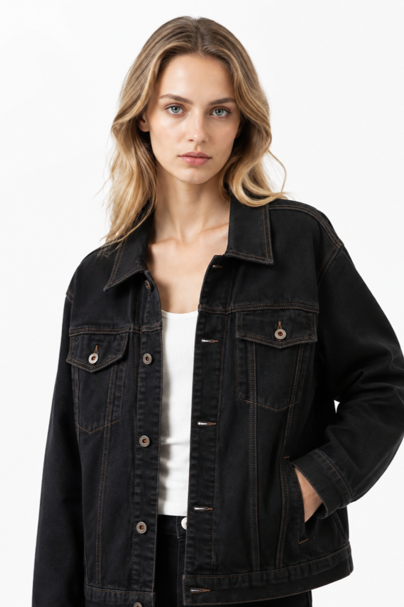 Women's Fall Vintage Classic Raw Black Denim Jacket